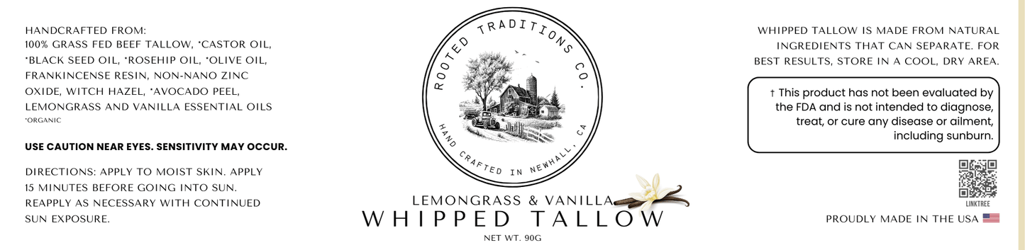 Lemongrass and Vanilla Whipped Tallow – Refreshing Hydration with a Sweet Twist - Rooted Traditions Co
