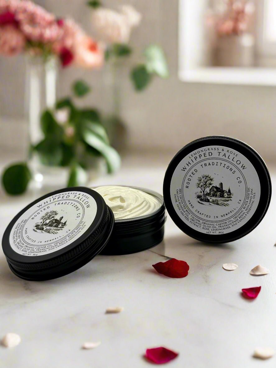 Tallow Tins: Lemongrass & Rose Whipped Tallow - Refreshing, All - Natural Skincare - Rooted Traditions Co