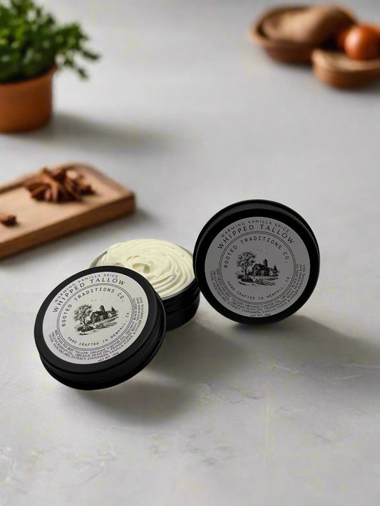 Tallow Tins: Warming Vanilla Spice Whipped Tallow - Luxurious Organic Skincare - Rooted Traditions Co