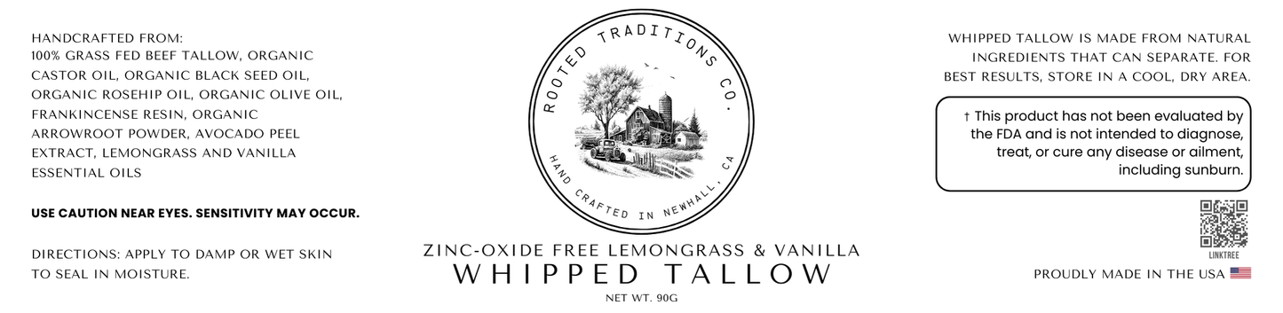 Zinc - Oxide Free Lemongrass and Vanilla Whipped Tallow - Rooted Traditions Co