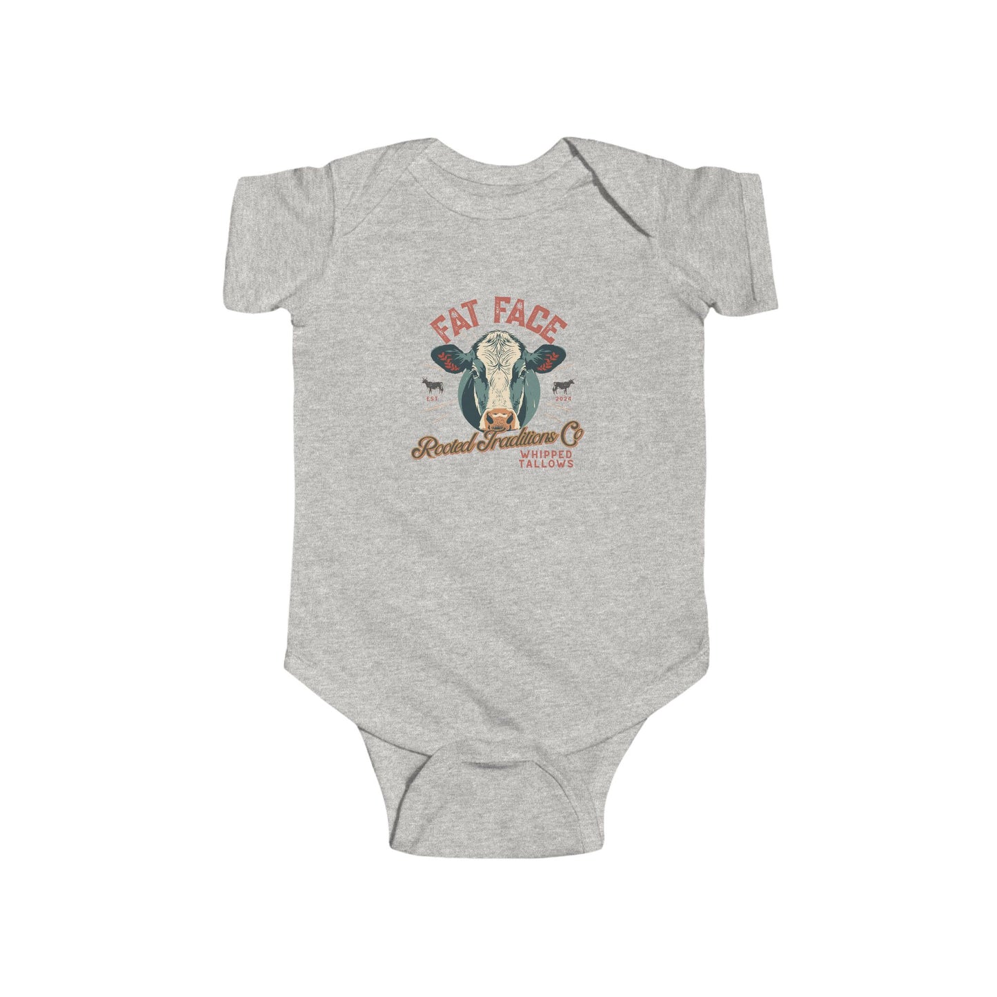 Cow Graphic Infant Bodysuit — "Fat Face" Vintage Tallow Baby Onesie