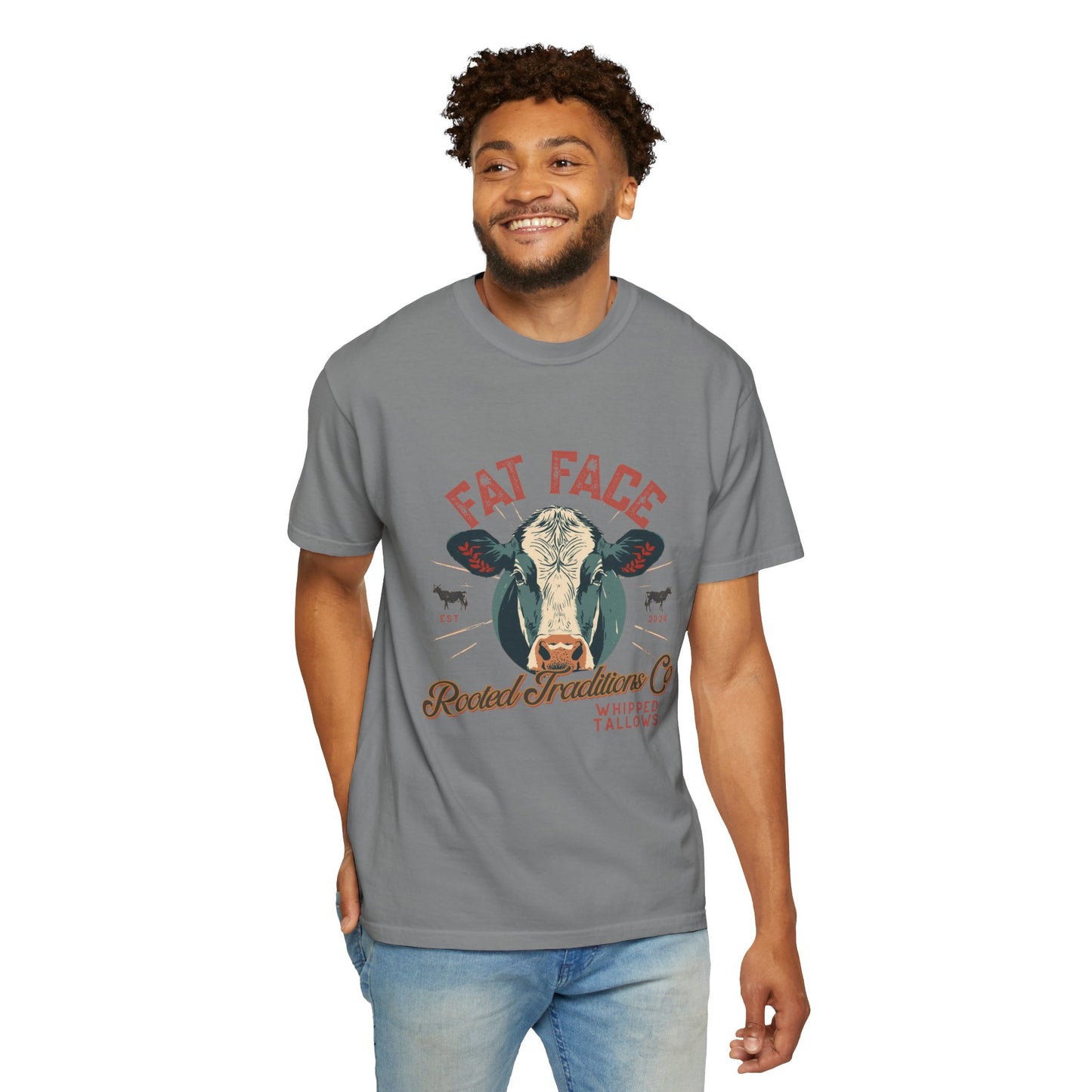 Cow Graphic T-Shirt — "Fat Face" Vintage Tallow Logo Tee