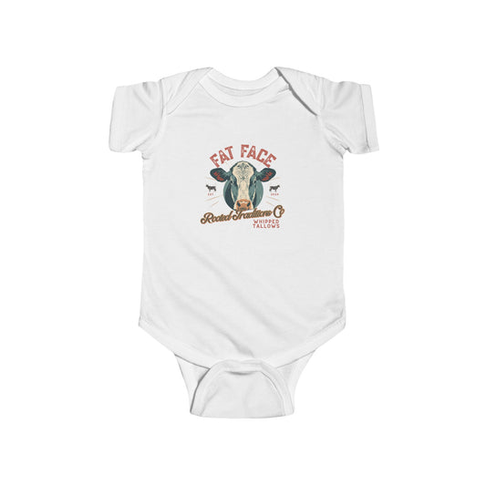 Cow Graphic Infant Bodysuit — "Fat Face" Vintage Tallow Baby Onesie