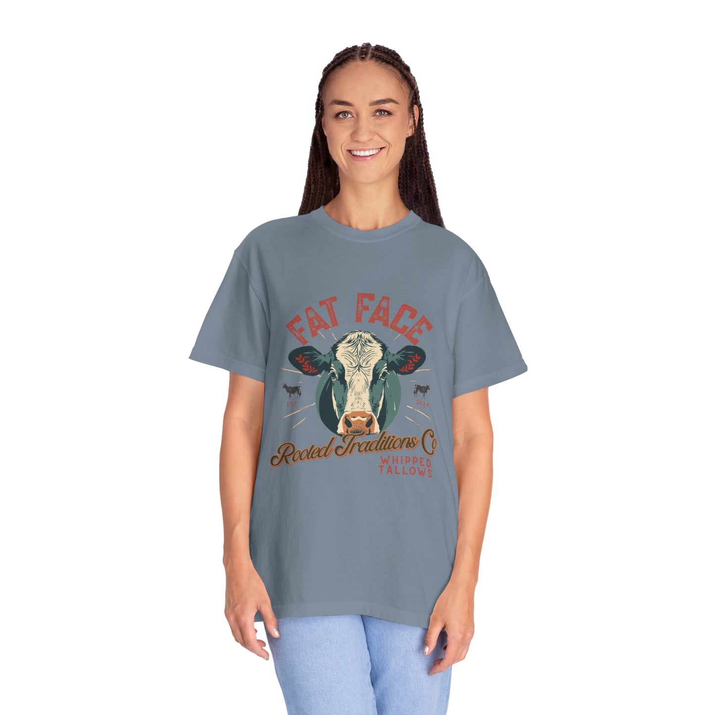 Cow Graphic T-Shirt — "Fat Face" Vintage Tallow Logo Tee