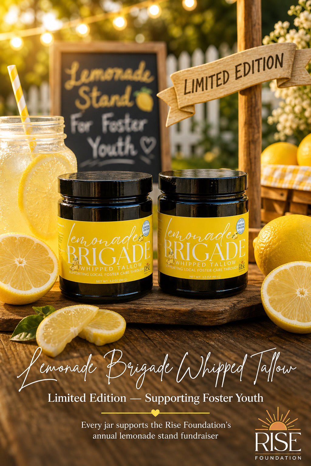 Lemonade Brigade Whipped Tallow jars at lemonade stand — supporting foster youth