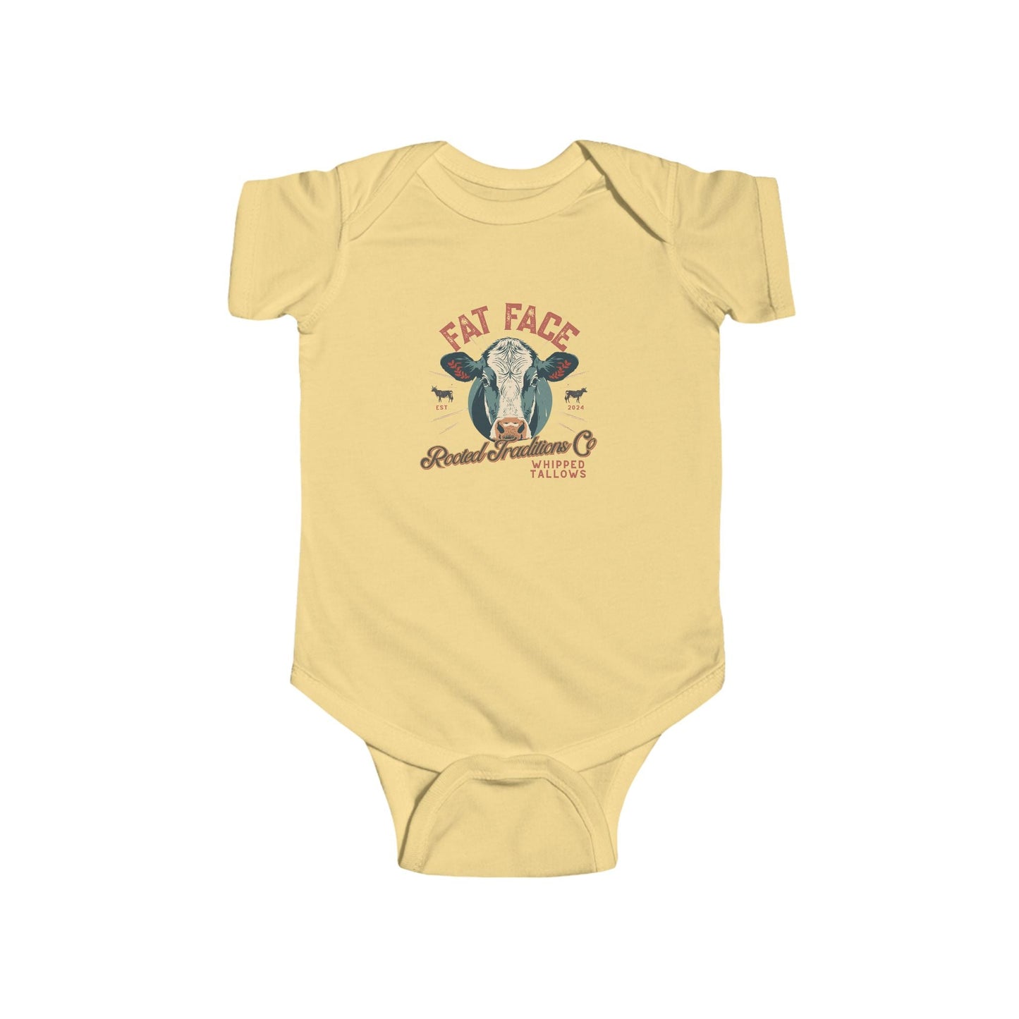 Cow Graphic Infant Bodysuit — "Fat Face" Vintage Tallow Baby Onesie - Rooted Traditions Co