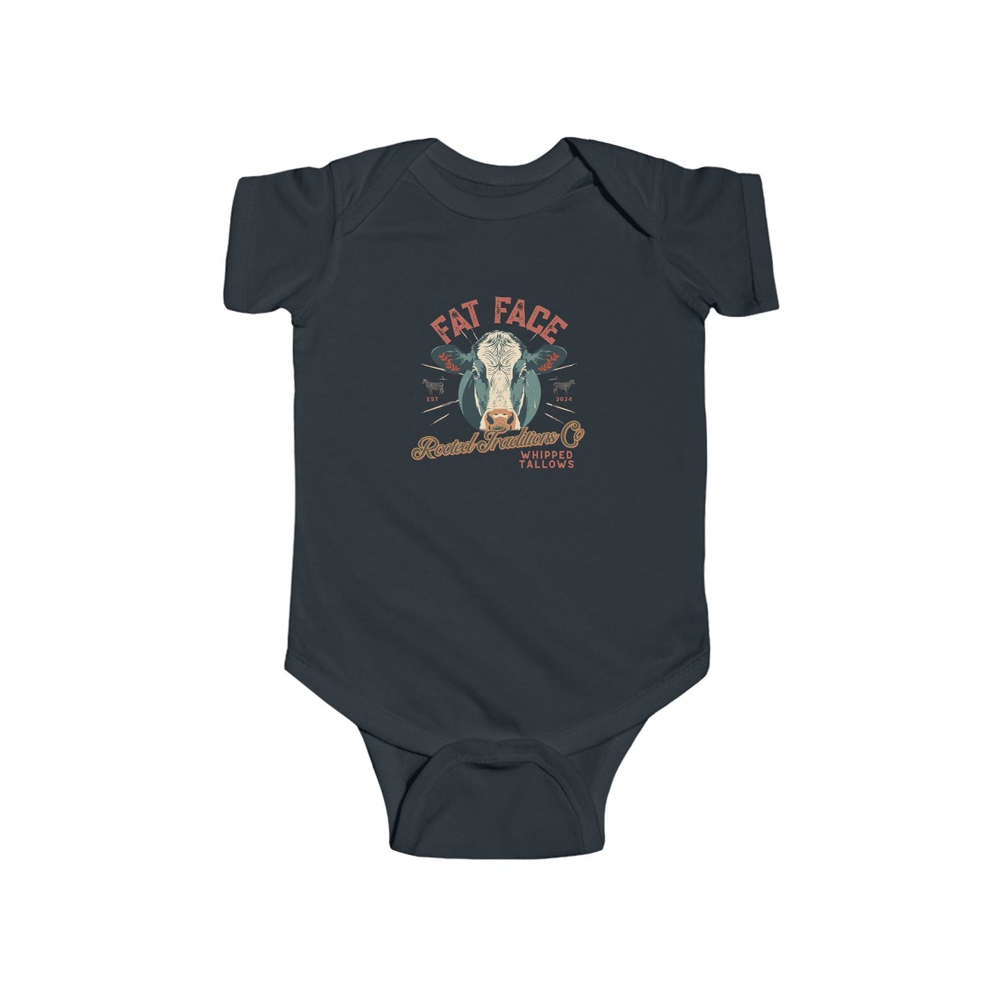 Cow Graphic Infant Bodysuit — "Fat Face" Vintage Tallow Baby Onesie - Rooted Traditions Co