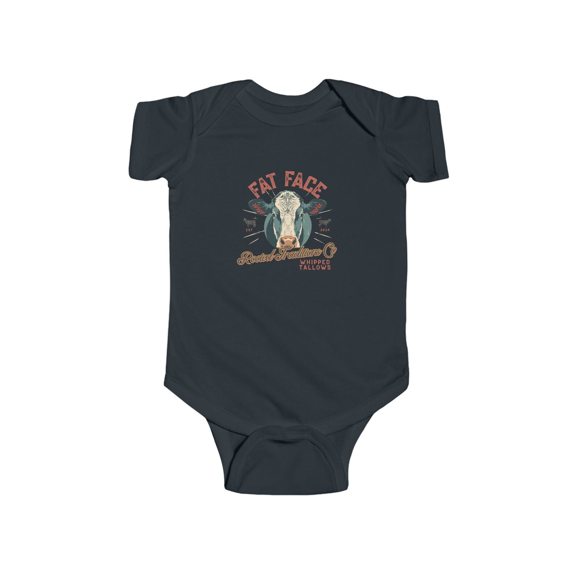 Cow Graphic Infant Bodysuit — "Fat Face" Vintage Tallow Baby Onesie - Rooted Traditions Co