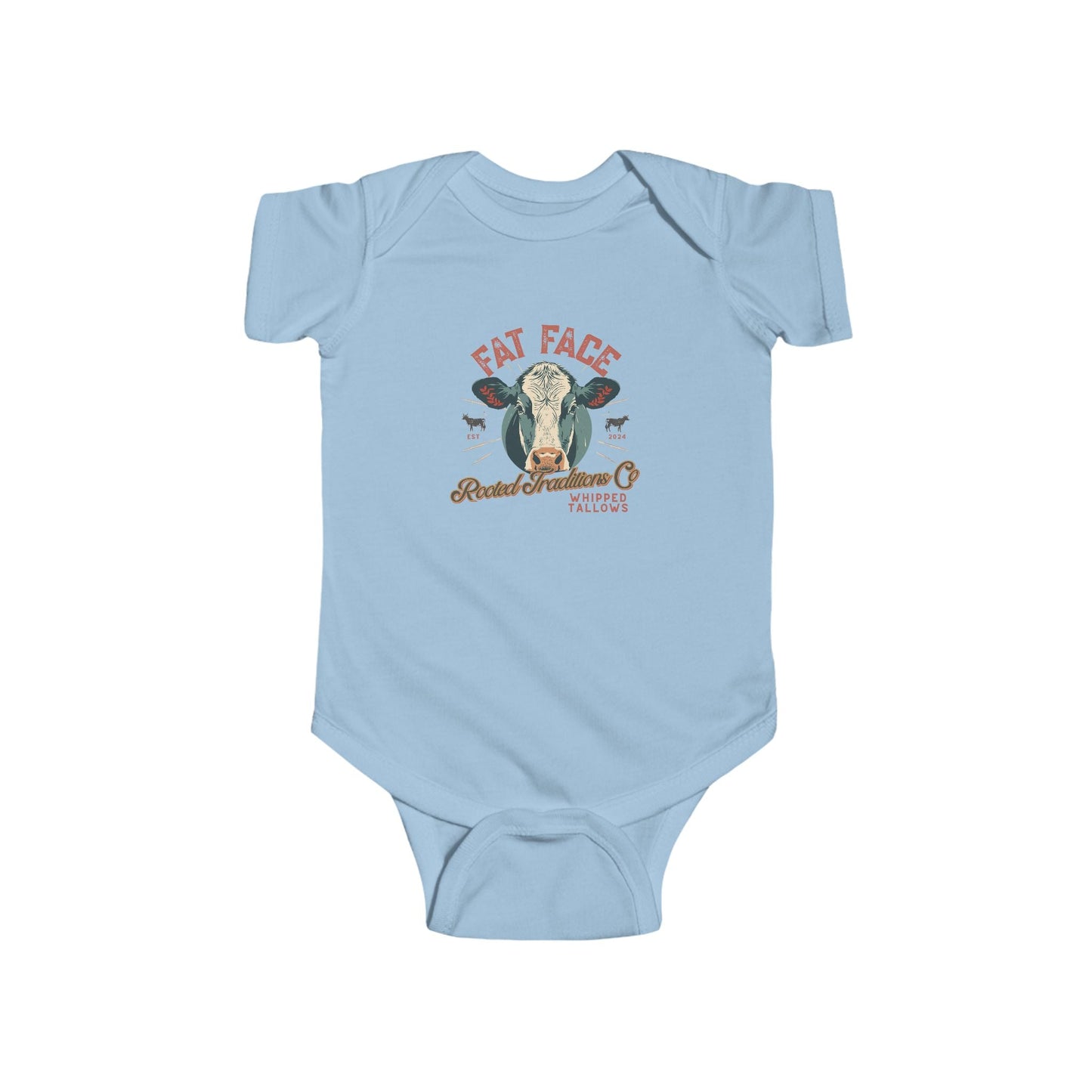 Cow Graphic Infant Bodysuit — "Fat Face" Vintage Tallow Baby Onesie - Rooted Traditions Co