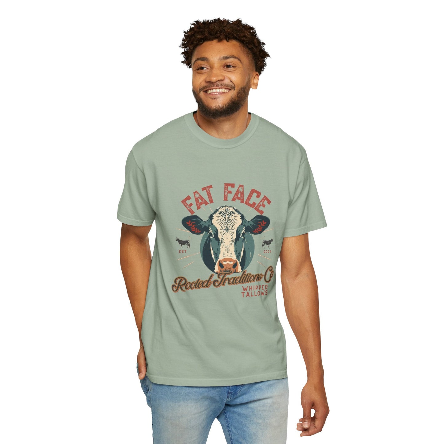 Cow Graphic T-Shirt — "Fat Face" Vintage Tallow Logo Tee - Rooted Traditions Co