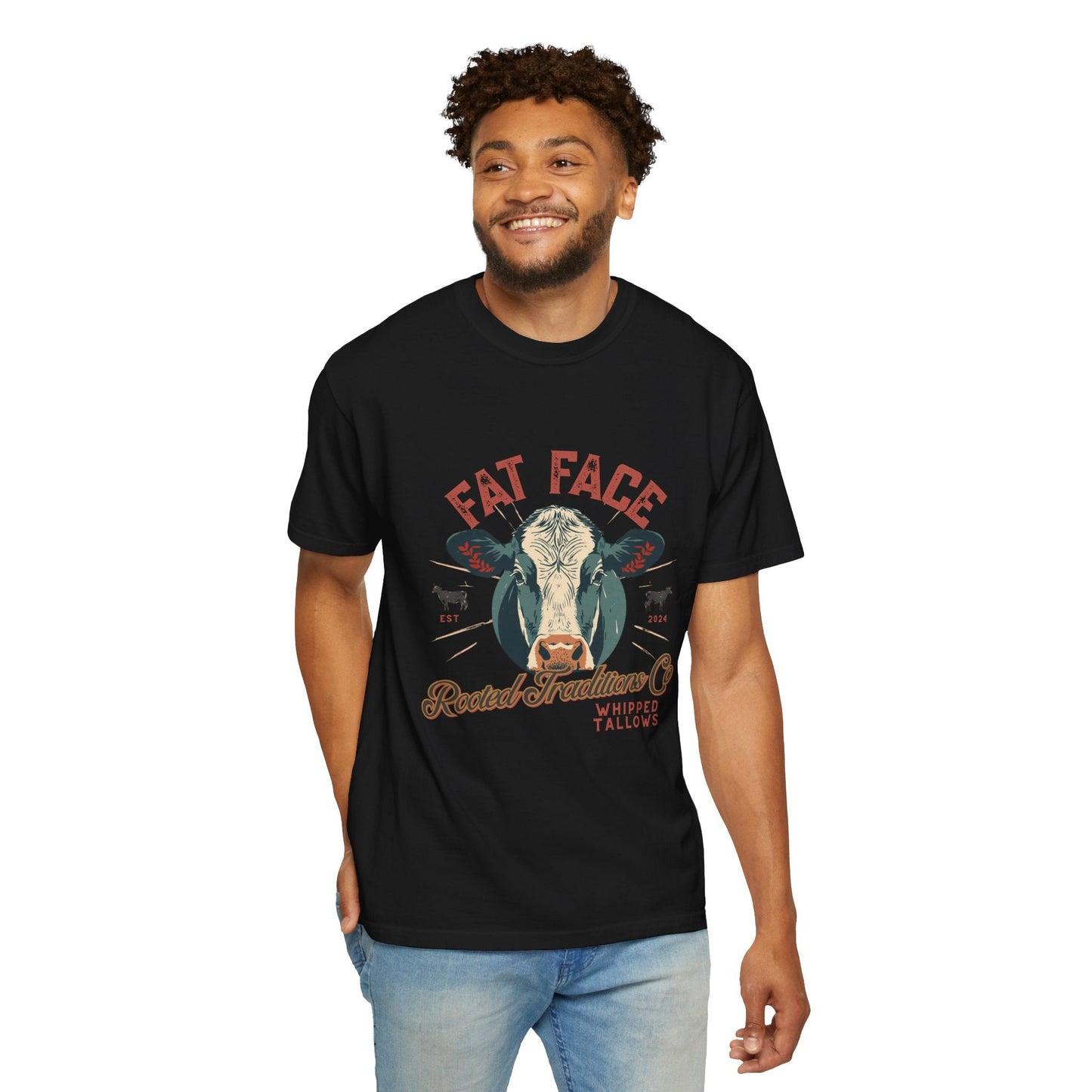 Cow Graphic T-Shirt — "Fat Face" Vintage Tallow Logo Tee - Rooted Traditions Co