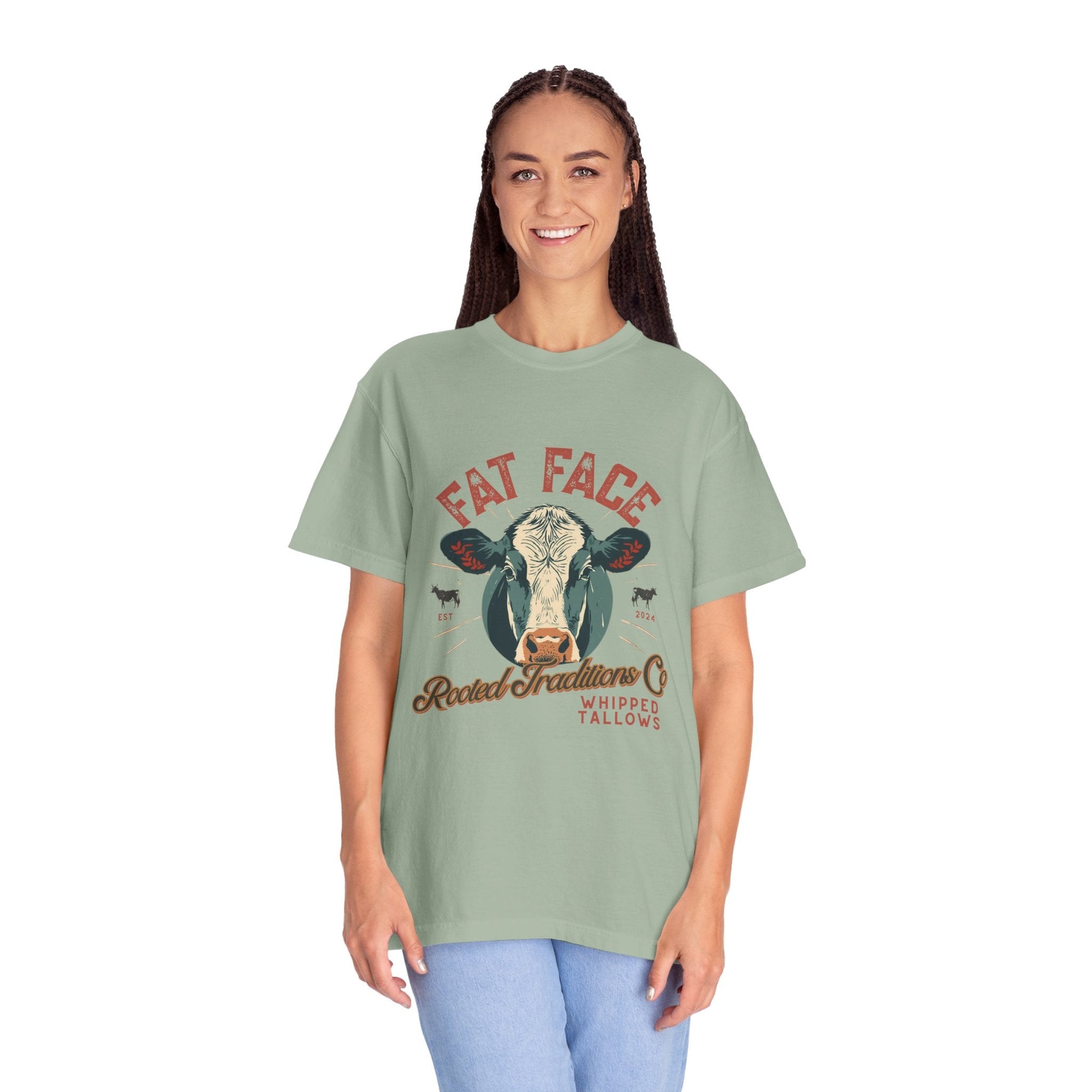 Cow Graphic T-Shirt — "Fat Face" Vintage Tallow Logo Tee - Rooted Traditions Co