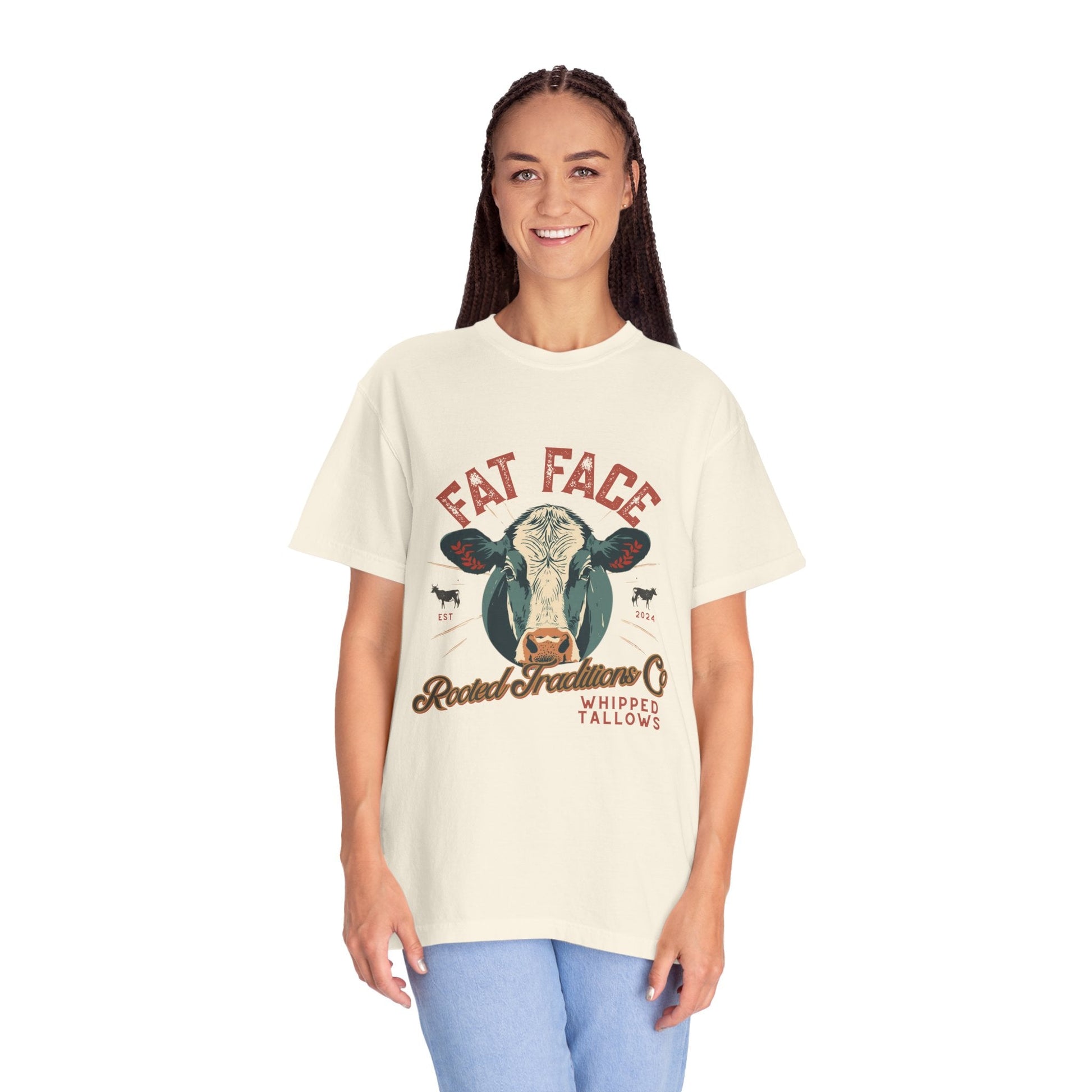 Cow Graphic T-Shirt — "Fat Face" Vintage Tallow Logo Tee - Rooted Traditions Co