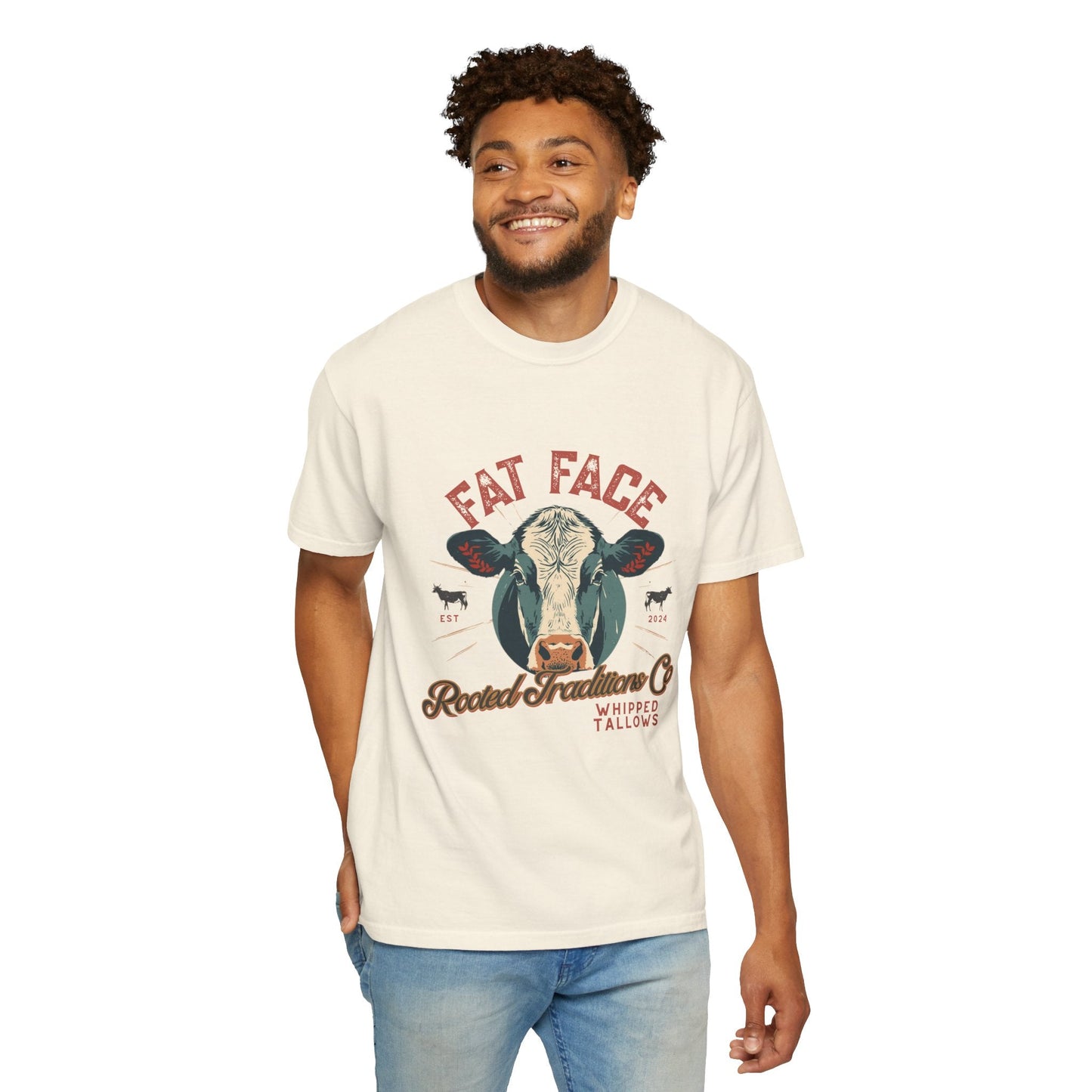Cow Graphic T-Shirt — "Fat Face" Vintage Tallow Logo Tee - Rooted Traditions Co