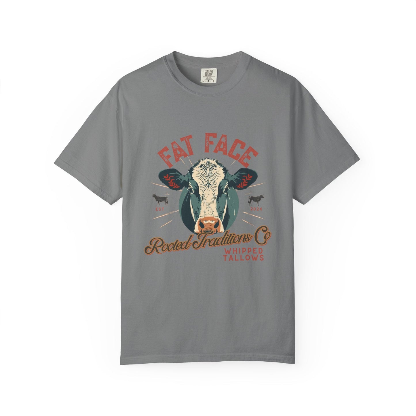 Cow Graphic T-Shirt — "Fat Face" Vintage Tallow Logo Tee - Rooted Traditions Co