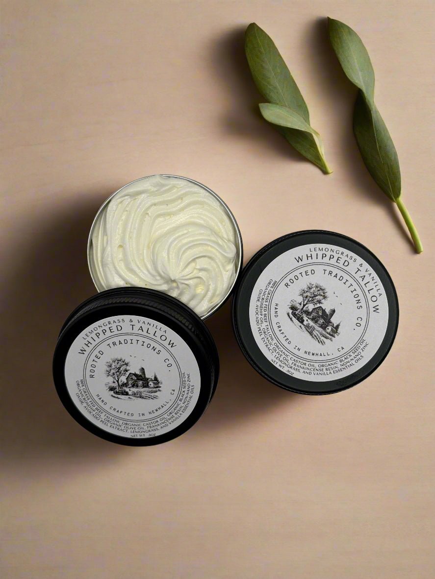 Tallow Tins: Lemongrass and Vanilla Whipped Tallow – Refreshing Hydration with a Sweet Twist - Rooted Traditions Co